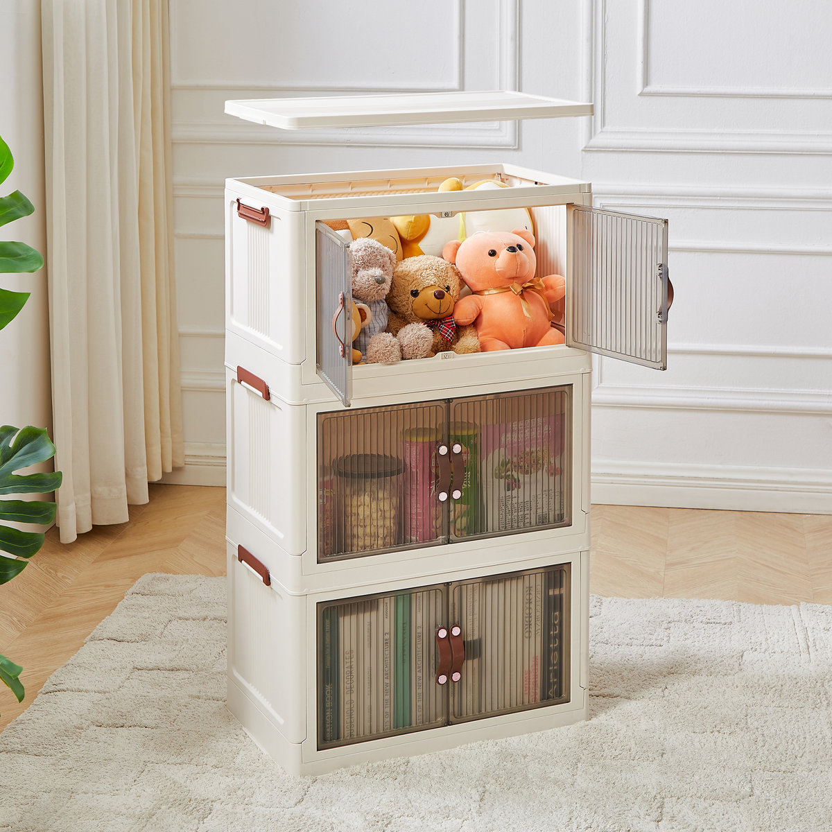 3-Tier Folding Stackable Storage Bins with Lid and Wheels (Set of 2)